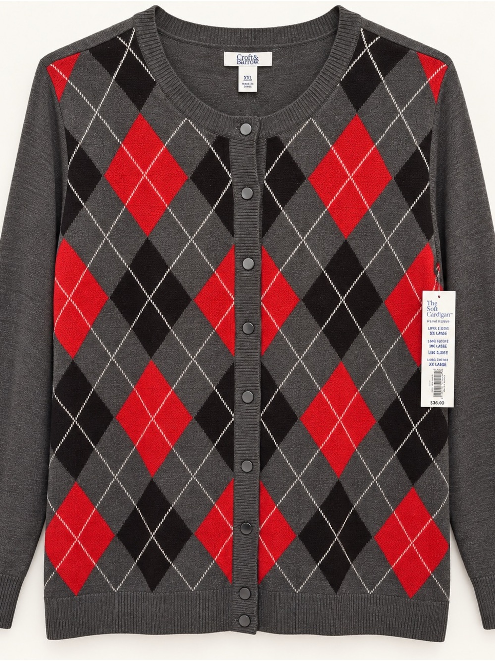 croft & barrow Gray Cardigan Sweater with Red & Black Argyle